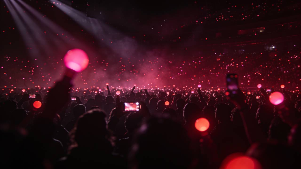 Crimson crowd glow filling the LiveDuels arena while a duel runs